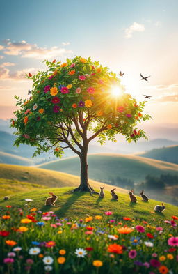 A visually stunning representation of growth, featuring a vibrant tree with lush green leaves and colorful flowers blooming on branches