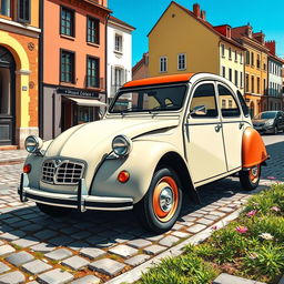 A detailed illustration of a classic Citroen 2CV car, showcasing its iconic shape with rounded edges and a unique two-tone paint job