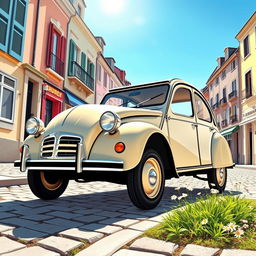 A detailed illustration of a classic Citroen 2CV car, showcasing its iconic shape with rounded edges and a unique two-tone paint job