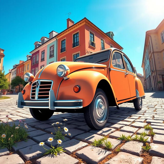 A detailed illustration of a classic Citroen 2CV car, showcasing its iconic shape with rounded edges and a unique two-tone paint job