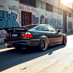 A striking BMW E46, beautifully stanced with a low profile, showcasing its sleek lines and sporty German engineering