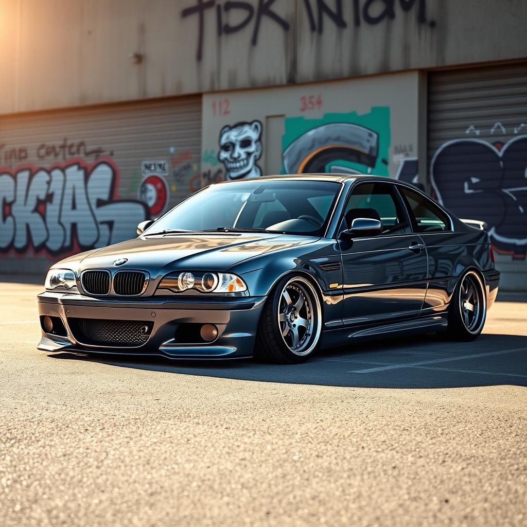 A striking BMW E46, beautifully stanced with a low profile, showcasing its sleek lines and sporty German engineering