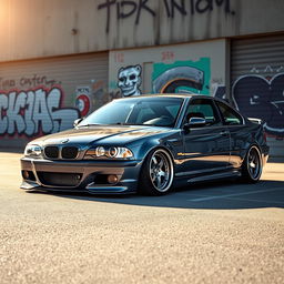 A striking BMW E46, beautifully stanced with a low profile, showcasing its sleek lines and sporty German engineering