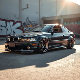 A striking BMW E46, beautifully stanced with a low profile, showcasing its sleek lines and sporty German engineering