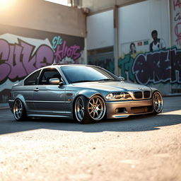 A striking BMW E46, beautifully stanced with a low profile, showcasing its sleek lines and sporty German engineering