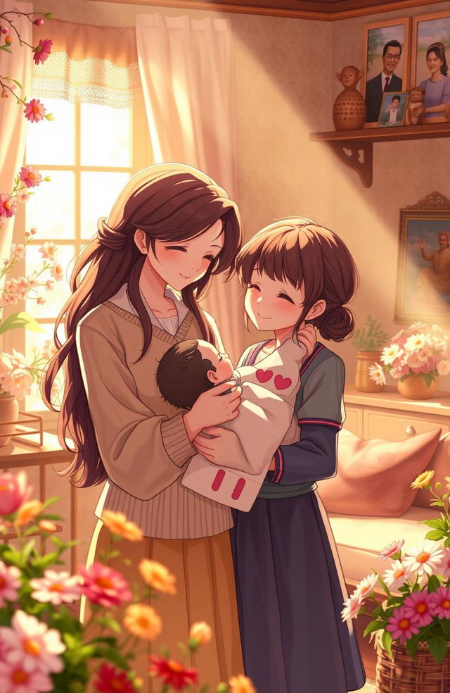 A heartwarming scene depicting two characters deeply connected by friendship and selfless love, surrounded by a soft, dreamy atmosphere