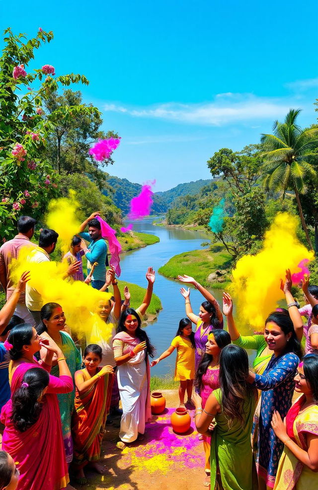 A vibrant and festive scene depicting Holi, the festival of colors, set in a natural environment