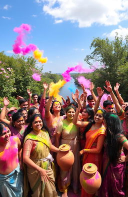 A vibrant and festive scene depicting Holi, the festival of colors, set in a natural environment