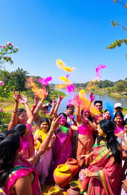 A vibrant and festive scene depicting Holi, the festival of colors, set in a natural environment