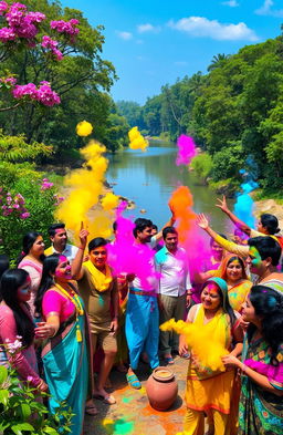 A vibrant and festive scene depicting Holi, the festival of colors, set in a natural environment