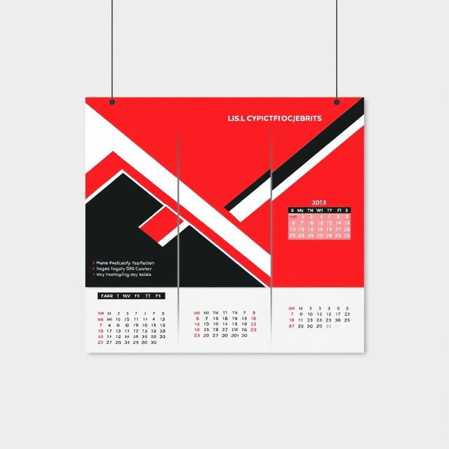 Design of a trio layout calendar for a full-cycle printing house, featuring a striking red, white, and black color scheme