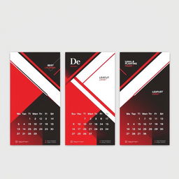 Design of a trio layout calendar for a full-cycle printing house, featuring a striking red, white, and black color scheme