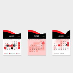 Design of a trio layout calendar for a full-cycle printing house, featuring a striking red, white, and black color scheme