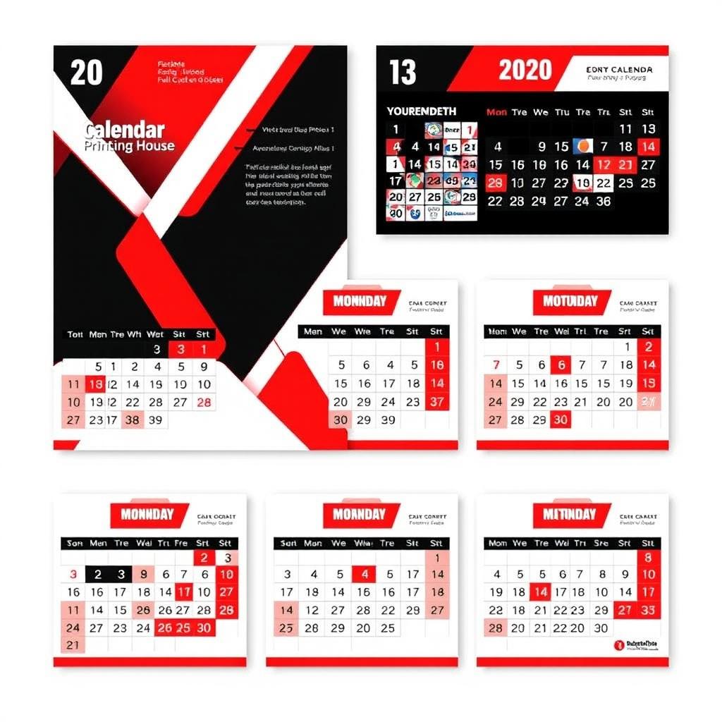 Design of a trio layout calendar for a full-cycle printing house, featuring a striking red, white, and black color scheme