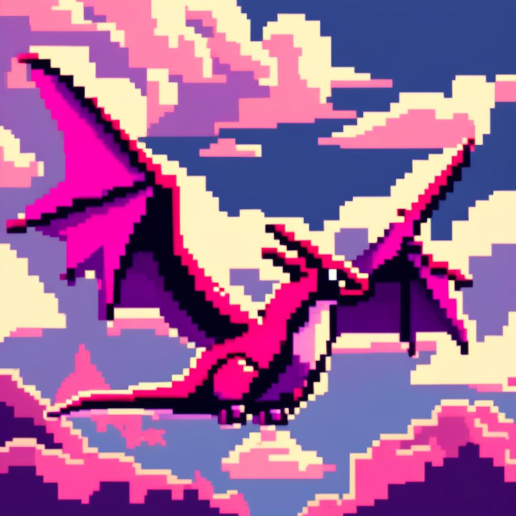 Pixel art PFP featuring a delightful purple and pink Pterodactyl against a backdrop of a cloudy afternoon sky.