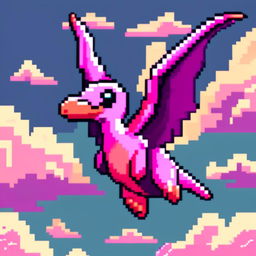 Pixel art PFP featuring a delightful purple and pink Pterodactyl against a backdrop of a cloudy afternoon sky.