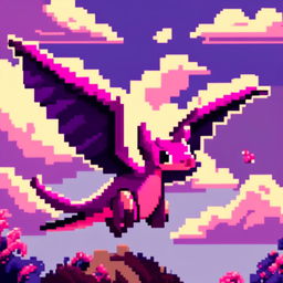 Pixel art PFP featuring a delightful purple and pink Pterodactyl against a backdrop of a cloudy afternoon sky.