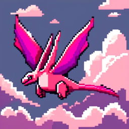 Pixel art PFP featuring a delightful purple and pink Pterodactyl against a backdrop of a cloudy afternoon sky.