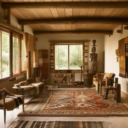 A spacious living room with tribal-inspired designs. The room features earth-toned furniture, patterned rugs, distinctive tribal art pieces, and wooden elements for a warm, ethnic aesthetic.