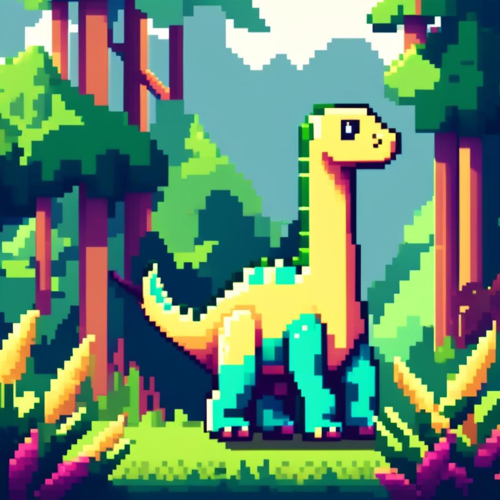 Pixel art PFP featuring a playful cyan and yellow Brachiosaurus against a backdrop of a lush green forest.