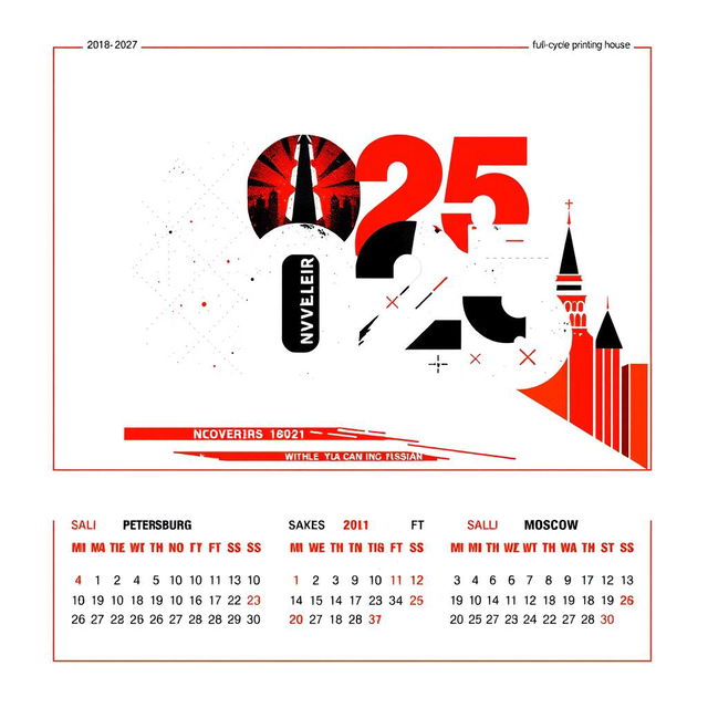 A calendar design for a full-cycle printing house, featuring a trio layout in striking red, black, and white colors