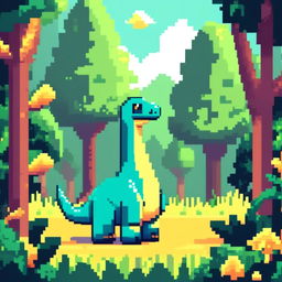 Pixel art PFP featuring a playful cyan and yellow Brachiosaurus against a backdrop of a lush green forest.