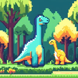 Pixel art PFP featuring a playful cyan and yellow Brachiosaurus against a backdrop of a lush green forest.