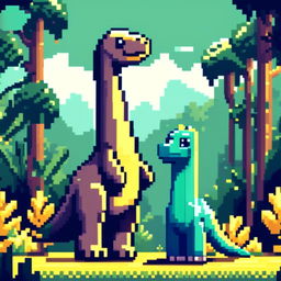 Pixel art PFP featuring a playful cyan and yellow Brachiosaurus against a backdrop of a lush green forest.