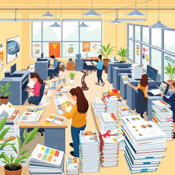 A vibrant vector illustration of a busy office environment in a printing house, showcasing employees printing calendars, catalogs, and brochures