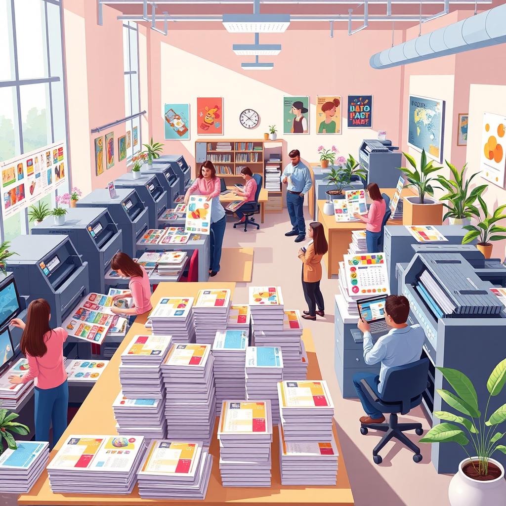 A vibrant vector illustration of a busy office environment in a printing house, showcasing employees printing calendars, catalogs, and brochures