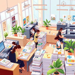 A vibrant vector illustration of a busy office environment in a printing house, showcasing employees printing calendars, catalogs, and brochures