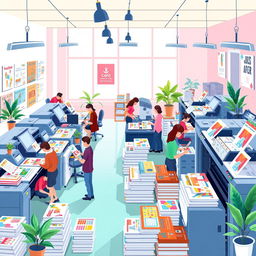 A vibrant vector illustration of a busy office environment in a printing house, showcasing employees printing calendars, catalogs, and brochures
