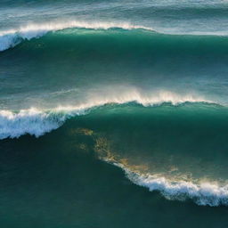 An HD phone wallpaper depicting clear, non-messy, transparent rolling waves in tones of light green and blue, adorned with broken gold glitter where water and gold remain distinct