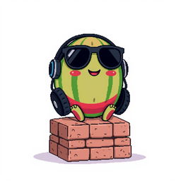 A whimsical pixel art illustration of an ordinary watermelon wearing oversized black sunglasses and sitting in a pair of headphones