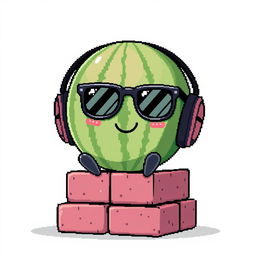 A whimsical pixel art illustration of an ordinary watermelon wearing oversized black sunglasses and sitting in a pair of headphones