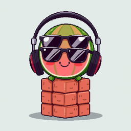 A whimsical pixel art illustration of an ordinary watermelon wearing oversized black sunglasses and sitting in a pair of headphones