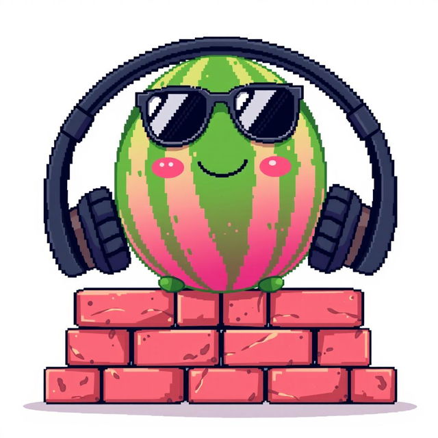 A whimsical pixel art illustration of an ordinary watermelon wearing oversized black sunglasses and sitting in a pair of headphones