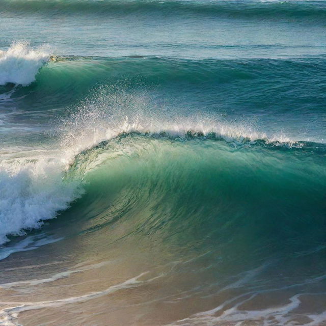 An HD phone wallpaper depicting clear, non-messy, transparent rolling waves in tones of light green and blue, adorned with broken gold glitter where water and gold remain distinct