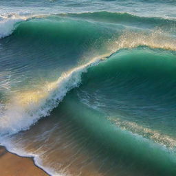 An HD phone wallpaper depicting clear, non-messy, transparent rolling waves in tones of light green and blue, adorned with broken gold glitter where water and gold remain distinct