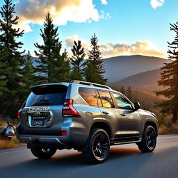 A sleek, powerful Toyota Land Cruiser Prado parked on a scenic mountain road