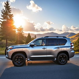 A sleek, powerful Toyota Land Cruiser Prado parked on a scenic mountain road