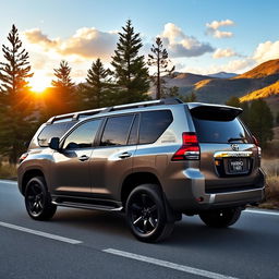A sleek, powerful Toyota Land Cruiser Prado parked on a scenic mountain road