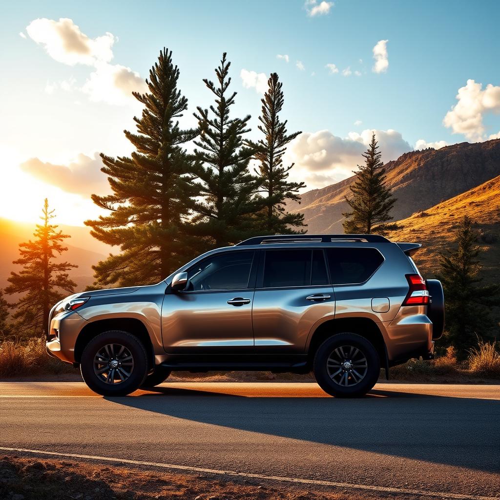 A sleek, powerful Toyota Land Cruiser Prado parked on a scenic mountain road