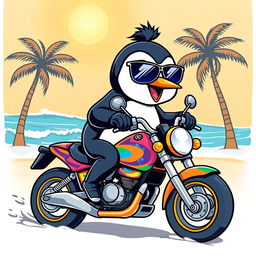A playful design of a penguin wearing sunglasses, riding a vibrant motorcycle