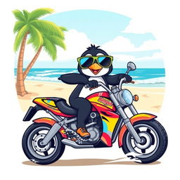 A playful design of a penguin wearing sunglasses, riding a vibrant motorcycle