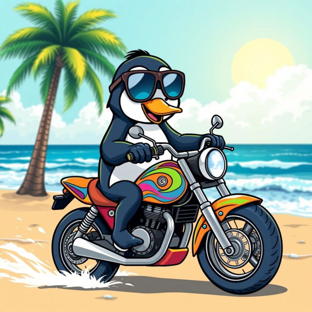 A playful design of a penguin wearing sunglasses, riding a vibrant motorcycle