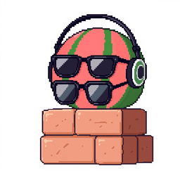 A simple pixel art illustration of an ordinary watermelon, with no facial features, sitting in a pair of oversized black sunglasses and wearing headphones