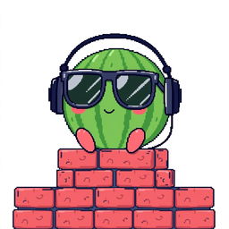 A simple pixel art illustration of an ordinary watermelon, with no facial features, sitting in a pair of oversized black sunglasses and wearing headphones