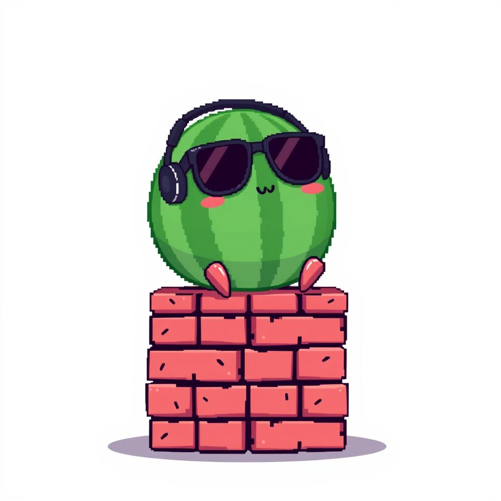 A simple pixel art illustration of an ordinary watermelon, with no facial features, sitting in a pair of oversized black sunglasses and wearing headphones