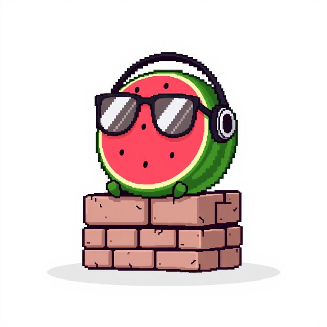 A simple pixel art illustration of an ordinary watermelon, with no facial features, sitting in a pair of oversized black sunglasses and wearing headphones